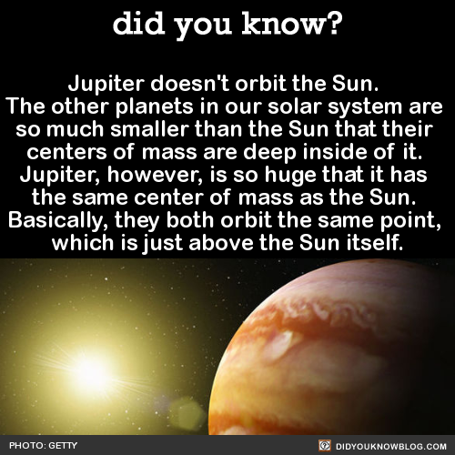 did-you-kno:
“ Jupiter doesn’t orbit the Sun. The other planets in our solar system are so much smaller than the Sun that their centers of mass are deep inside of it. Jupiter, however, is so huge that it has the same center of mass as the Sun....