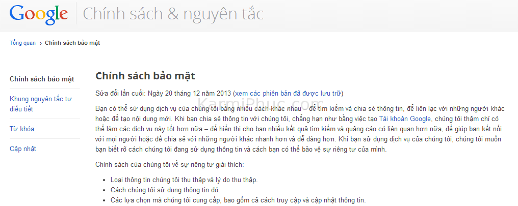 Google Privacy về bảo mật và thu thập thông tin | Karmi Phuc Blog